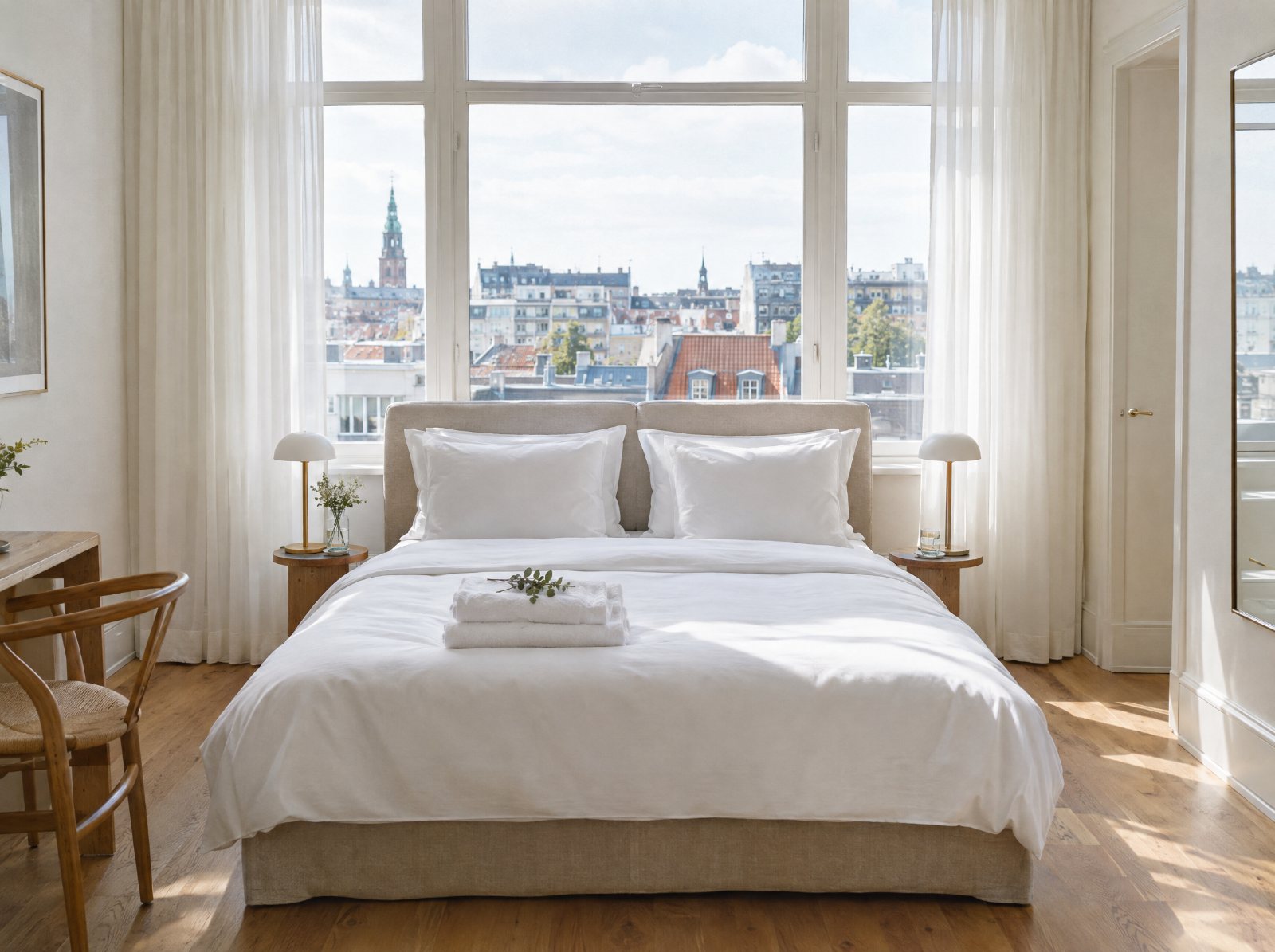 Opredt hotelseng med rent linned