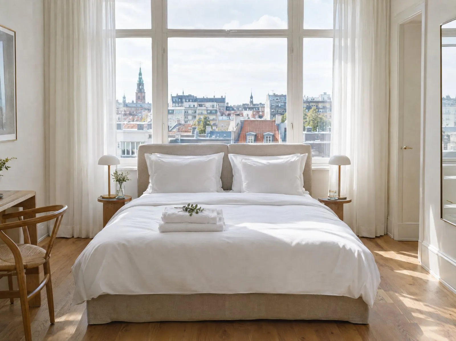 Opredt hotelseng med rent linned